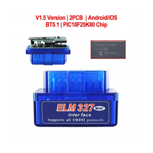 2PCB V1.5 ELM327 Bluetooth 5,1 PIC18F25K80 Chip Mini OBD2 escáner de coche herramienta de diagnóstico lector de código para Apple IOS Android 16PIN