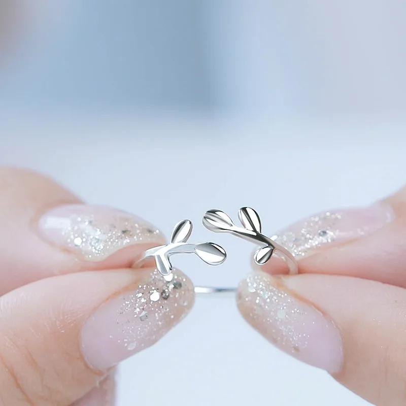 925 Silver Ring Female Sprouting Branch Tree Leaf Index Finger Ring Adjustable Open Ring Accessories