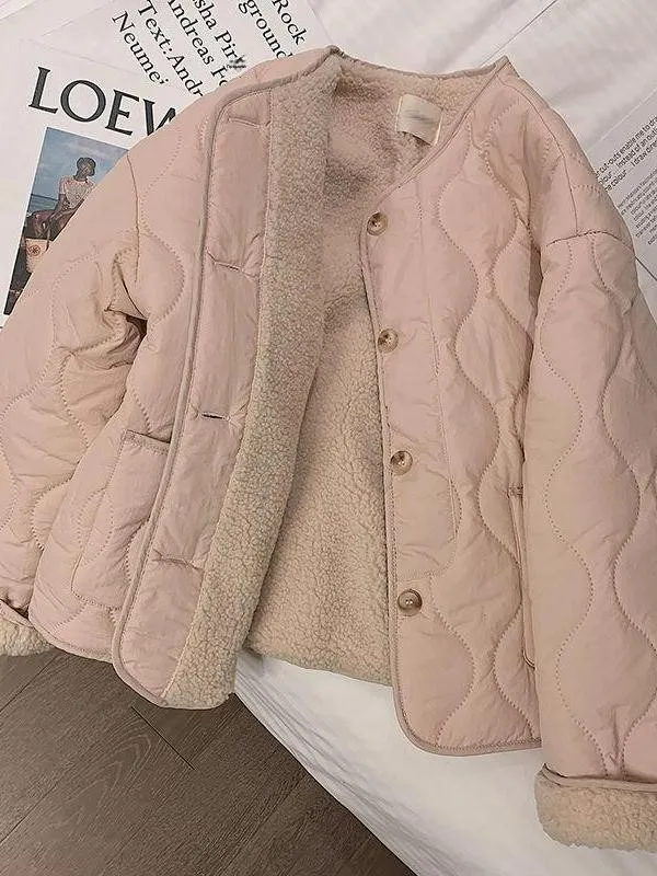 Pink Lamb Velvet Thiened Cotton Jaet Women's Large Size Faionable All-Match round Ne Outerwear Cotton Padded Coat
