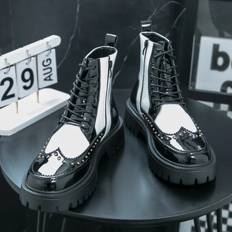 

Men High Top Boots PU Color Blocked Thick Sole Rivet Decoration Trendy Motorcycle Boots Comfortable Men Boots Sizes 38-46