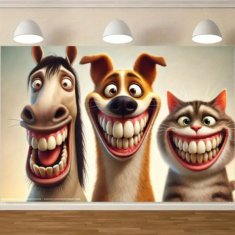 VIKAMA Funny Smiling Animal Tapestry Cartoon Horse Cat Dog Wall Blanket Grinning Laughing Pet Trio Room Decoration
