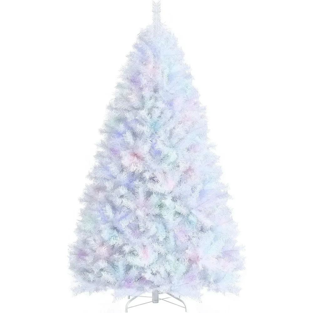 7FT Christmas Tree White Artificial Hinged Unlit Full Xmas Pine Iridescent Branch Tips & Metal Stand, Quick Christmas Trees