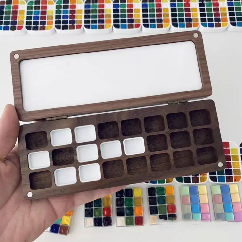 Ins Empty Portable Watercolor Palette with Cover 24 Grids Wood Paint Tray Easy To Carry Sturdy Color Mixing Box Travel