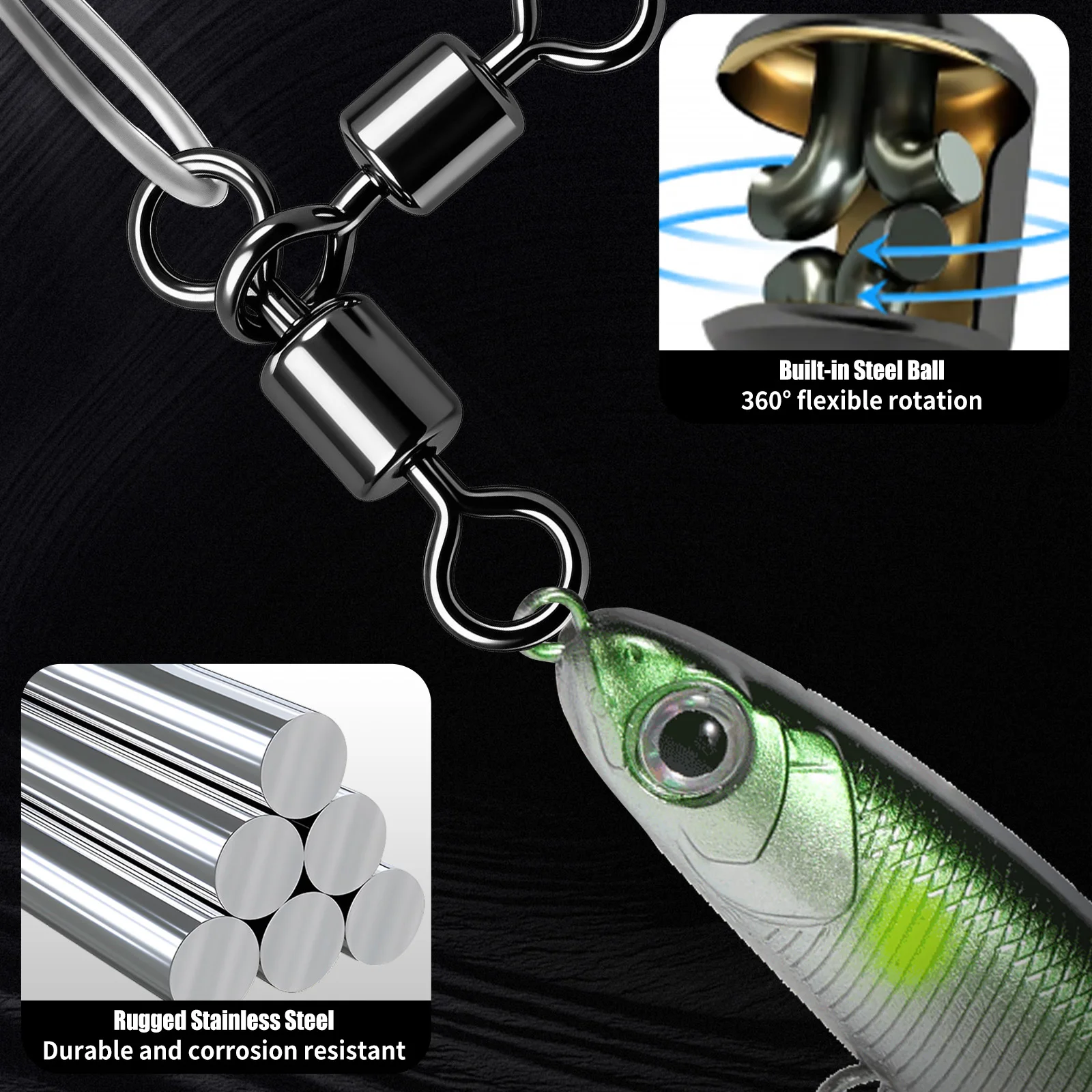 FishTrip 10 Stück 30-80lb Köder-Vorfachschnur mit Drehwirbel-Verbinder, Drei-Wege-Wirbel, Edelstahl-Kreuzdraht-Angelzubehör – Detail 2
