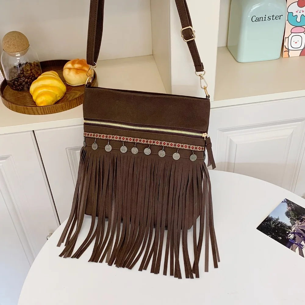 

Korean Style Fringe Suede Messenger Bag PU Leather Large Capacity Tassel Shoulder Bag Bohemian Style Zipper Crossbody Bag