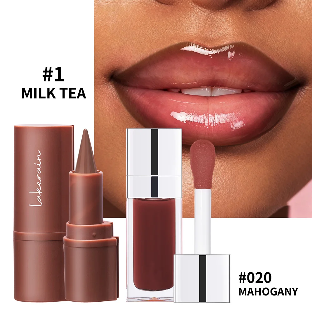 マットリップメイクアップキット 2個 防水 長持ち リップライナーとリップオイルのコンボ レッドブラウン ピンク ヌードトーン リップスティックセット