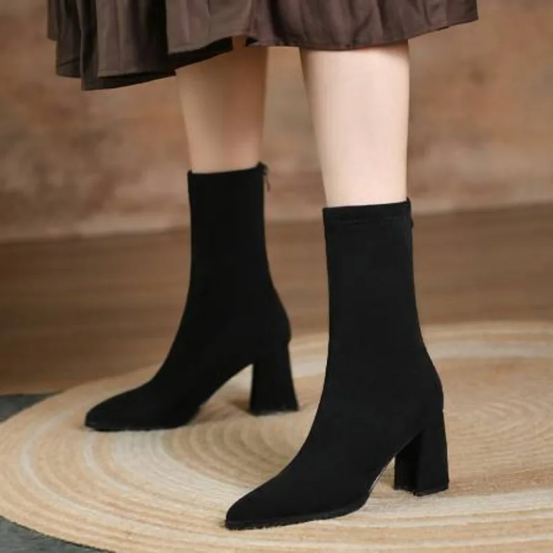 

Elegant Ankle Boots for Women Black Short Socks Boot Heel Party Shoes Lady Big Size 42 New 2026 Winter Autumn