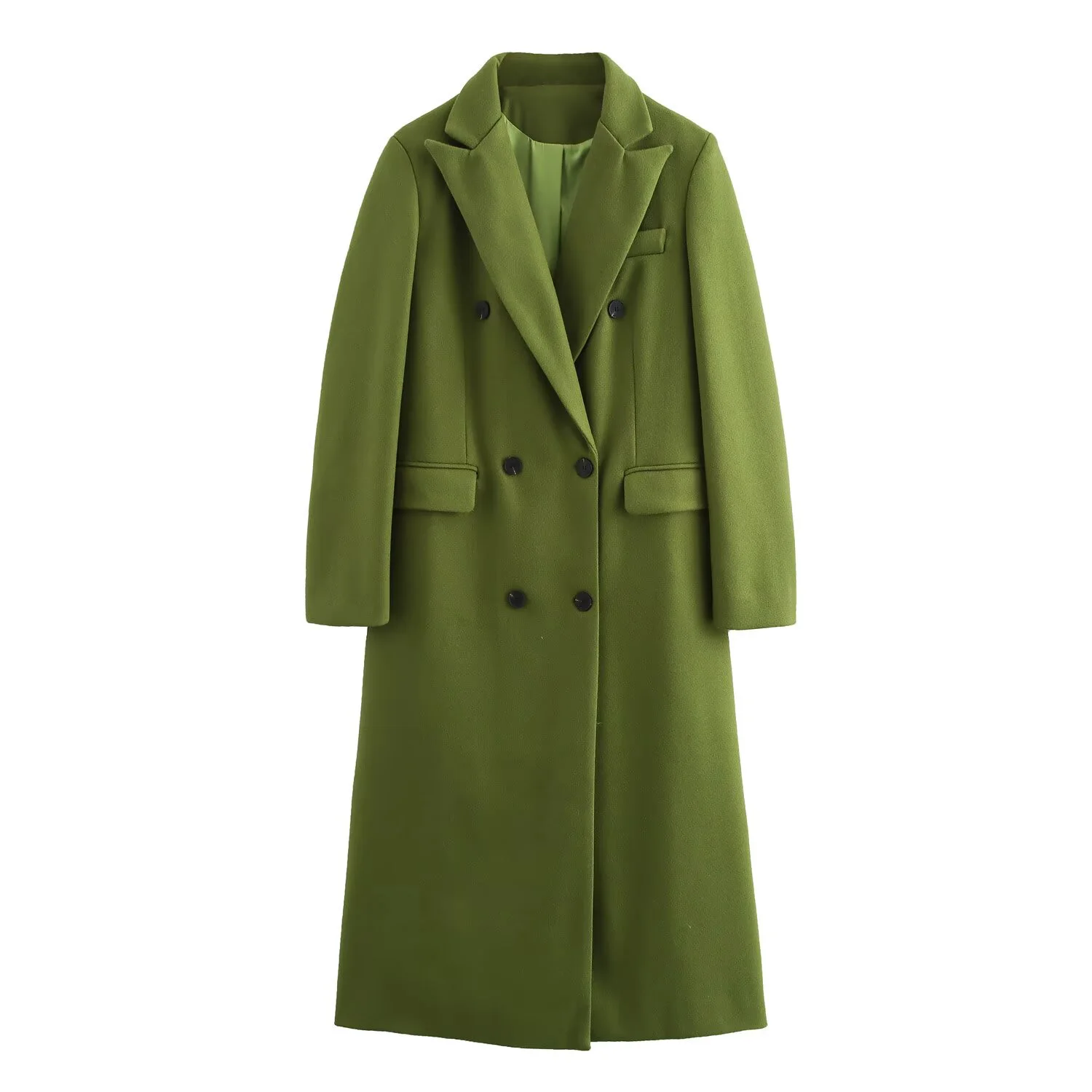 ZA women's 2024 autumn and winter new woolen coat with double breasted collar and mustard green commuting style long jacket