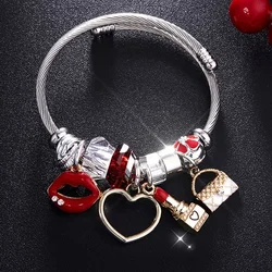 Charm Women Bracelet Silver Color Chain Red Lips Big Heart Crystal Bead Female Cuff Bracelets & Bangles Jewelry Valentine's Gift