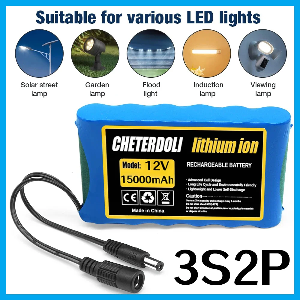 

NEW 3S2P 12V Portable Battery 15000mAh Rechargeable 18650 Lithium-ion with DC 12V 1A Charger for CCTV Audio Amplifier.