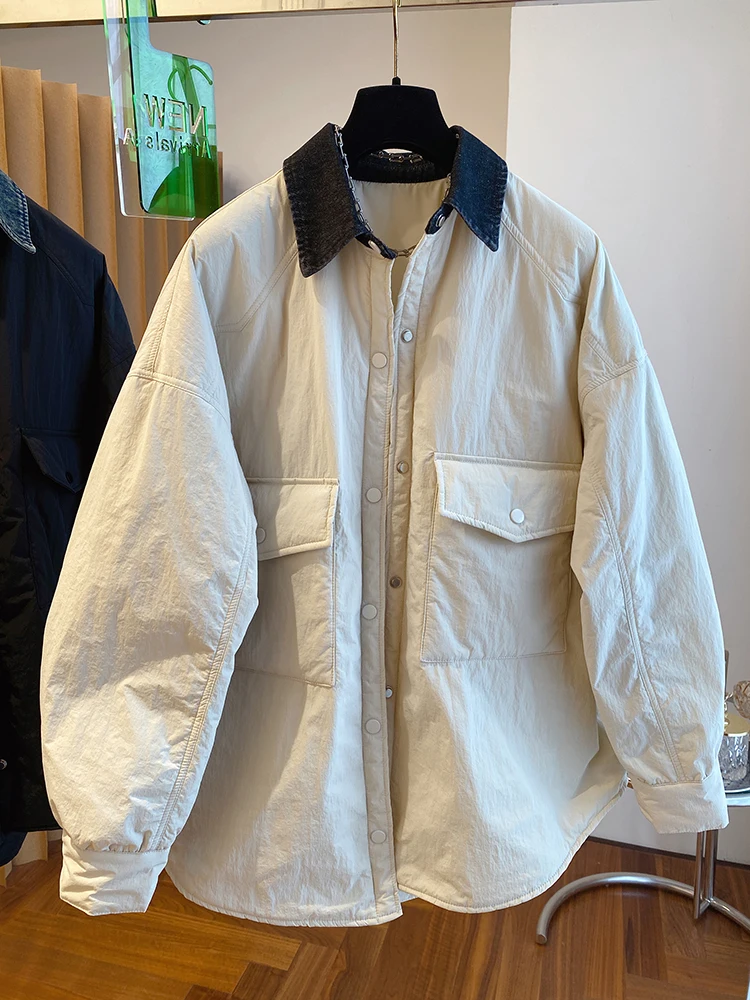 

Light Thickened down Cotton Shirt Coat for Women Winter Casual Long Sleeve Collar Single Button Closure Color Coat