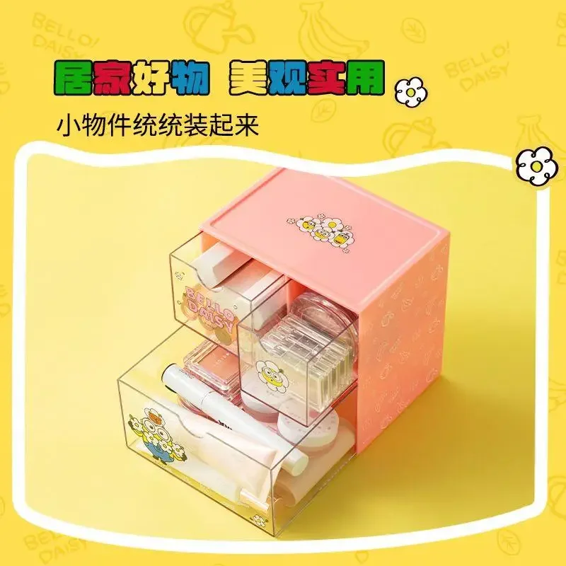 Cute Miniso Minions Three-Square Grid Storage Box Cartoon Student Portable Desktop Miscellaneous Cosmetics Organization Box