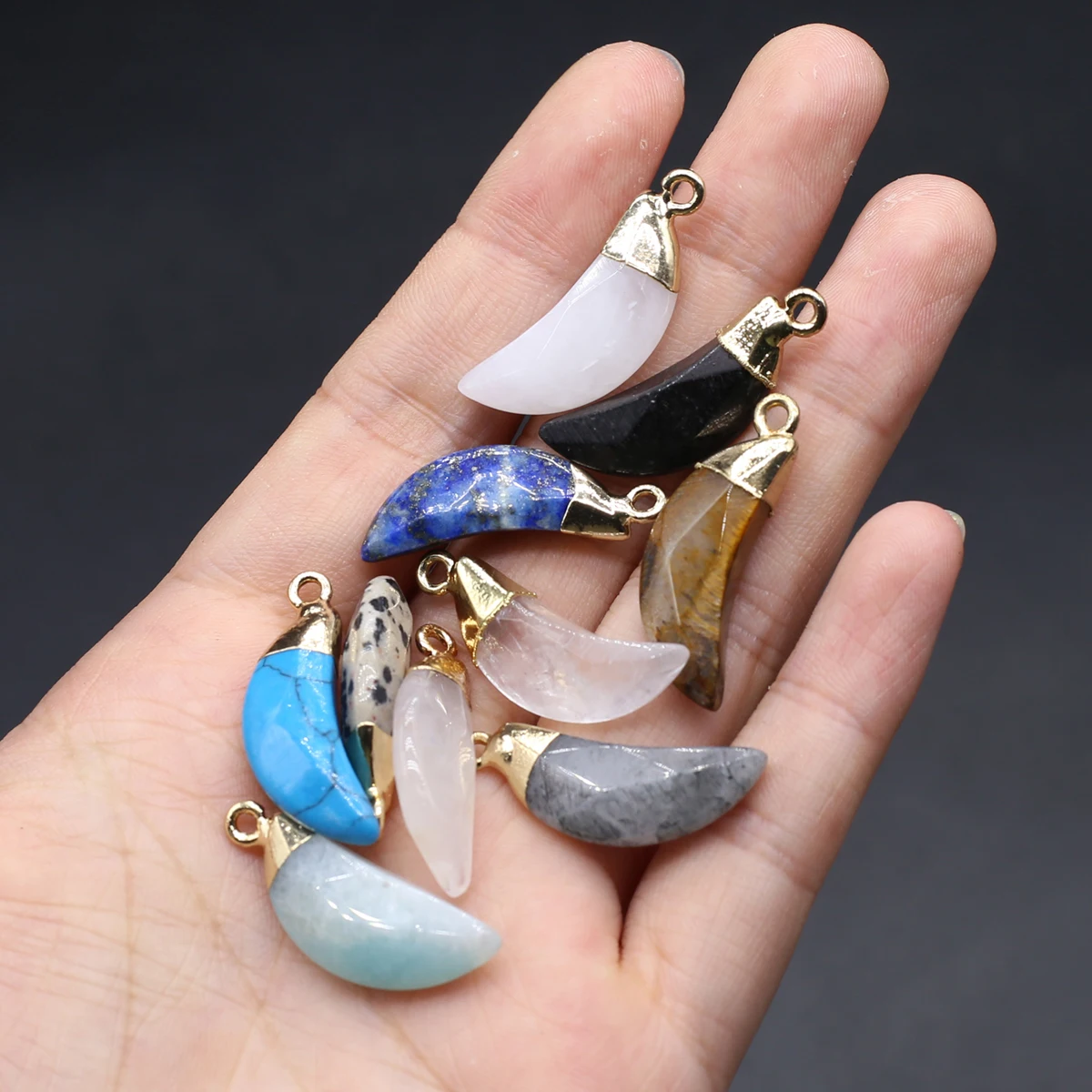 10PCS Colorful Natural Stone Moon Shape Pendant Jewelry Making DIY Necklace Accessories Healing Gift for Women 27x10mm