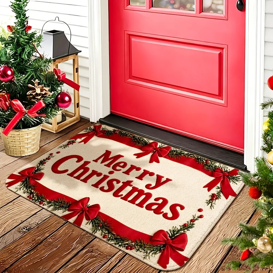 Merry Christmas Bow Wreath Print Floor Mat backyard garden patio sliding door villa front entry seasonal decor door mat gift