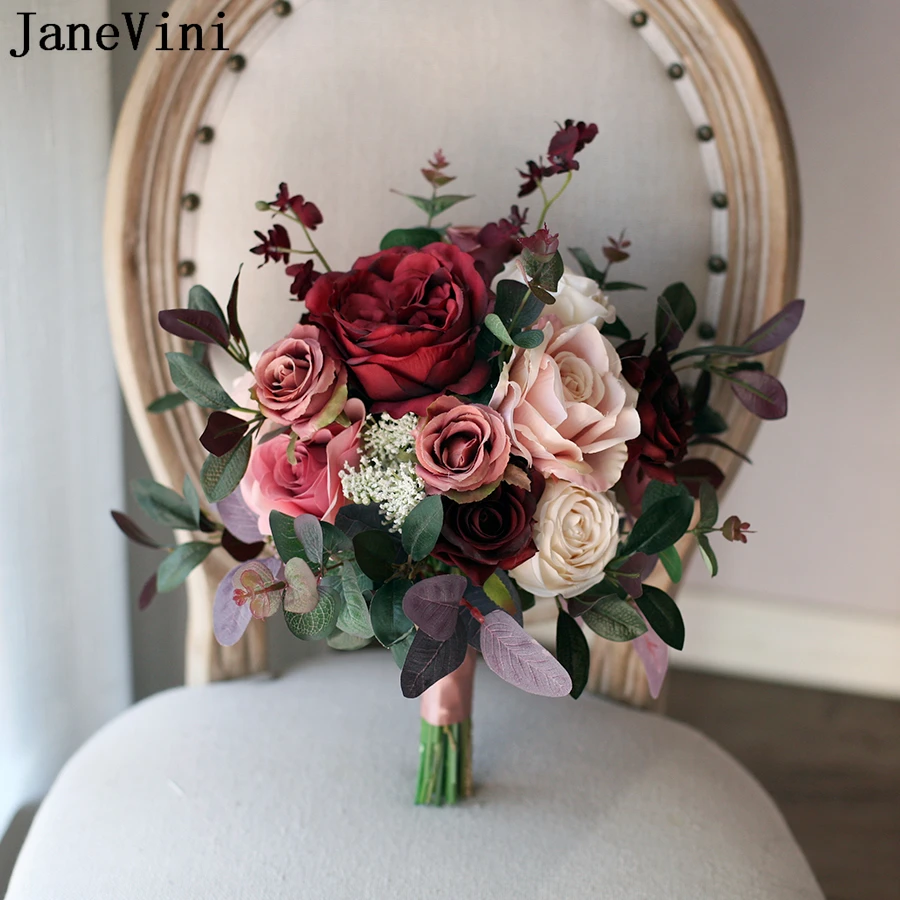 

JaneVini Western Style Silk Flowers Wedding Bouquet Artificial Burgundy Roses Pink Bride Flower Vintage Bridal Bouquet De Fleur