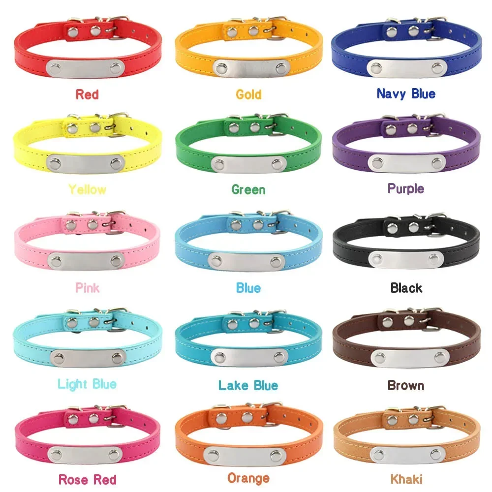 Personalized Dog Collar Name Carved 16 Colors Solid PU Leather Collar For Small Medium Large Dogs Puppy Cat Accessories Red Pink