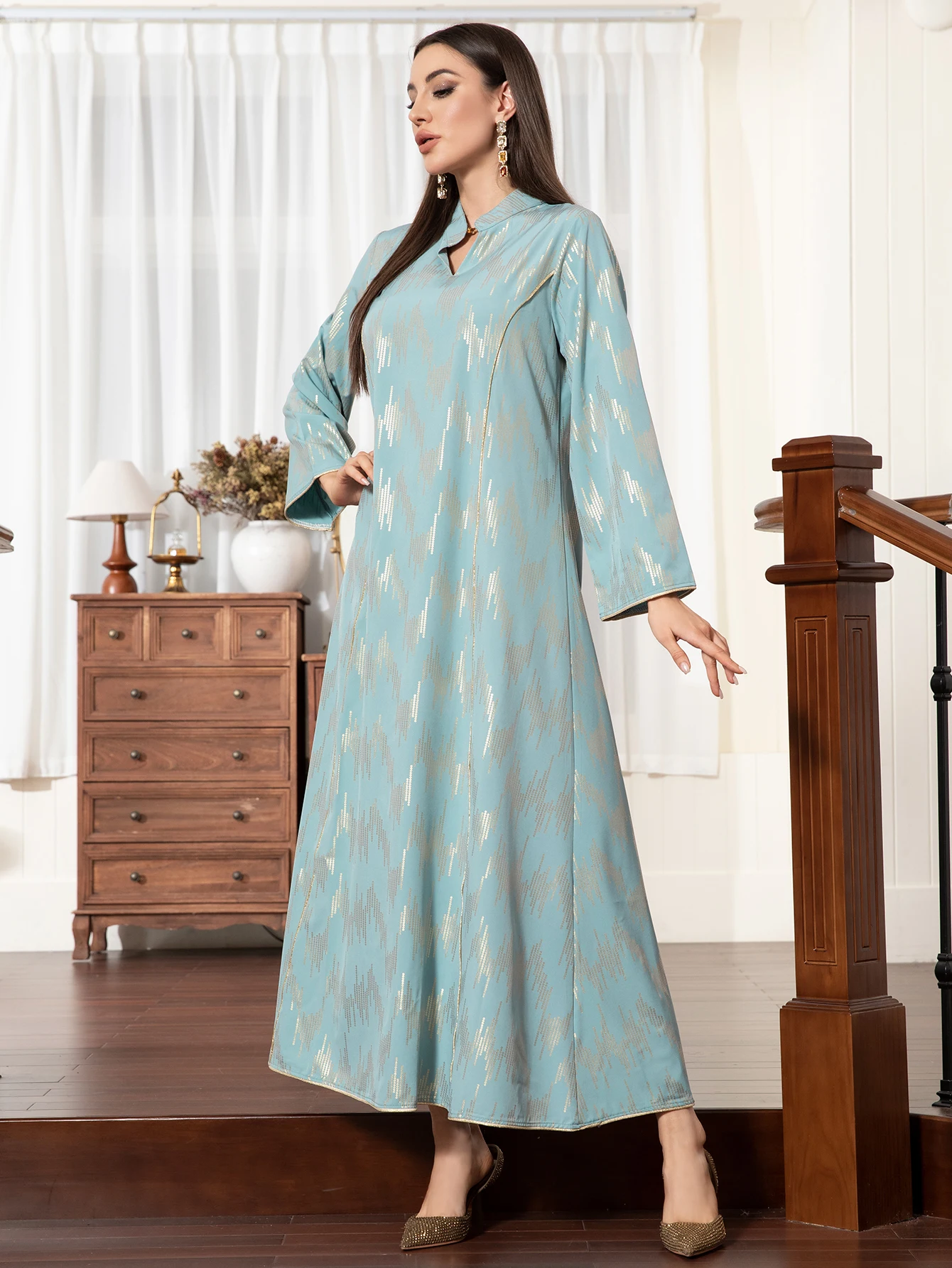 우아한 스타일 하이 칼라 금박 추상 일반 소매 Kaftan 라이트 블루 드레스