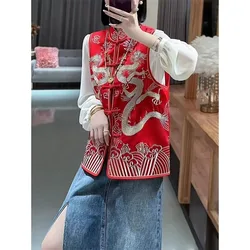 Women vest Vest Outerwear Chinese Style Collar Buckle Satin red Vest Autumn and Winter heavy industry Jinlong Embroidery Vest