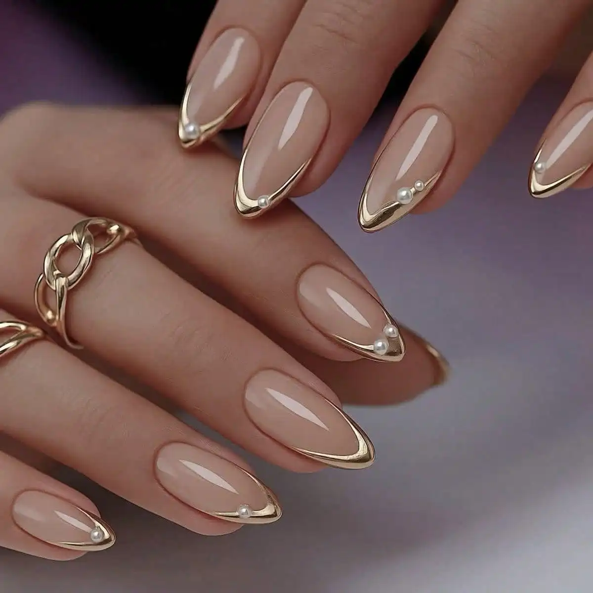 

24 Pieces Wearing Nail Almond Shape Nude 3D Three-Dimensional Epoxy Magic Mirror Powder Pearl Decorative Design Removable Fake Nail Patch