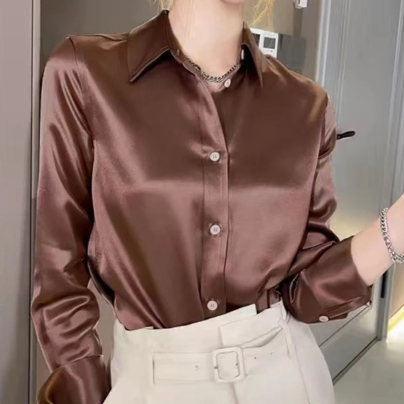 Solid Color Elegant Office Lady\'s Satin Shirt All-Match Trendy Women Shirts And Blouses Basic Chic Top Autumn French Chic Shirt