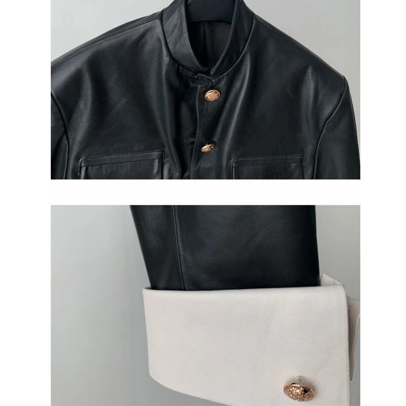 Mode Kurze Stehkragen Schaffell Jacke 2025, Herbst Frauen Manschette Nähte Farbe Einreiher Echt Leder Mäntel Streetwear