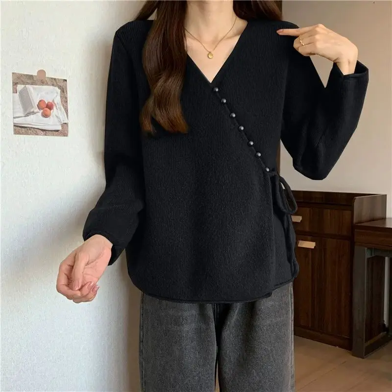 Female Clothing Vintage V-Neck Sweaters Fashion Irregular Drawstring Autumn Winter New Solid Color Casual Loose Knitted Cardigan