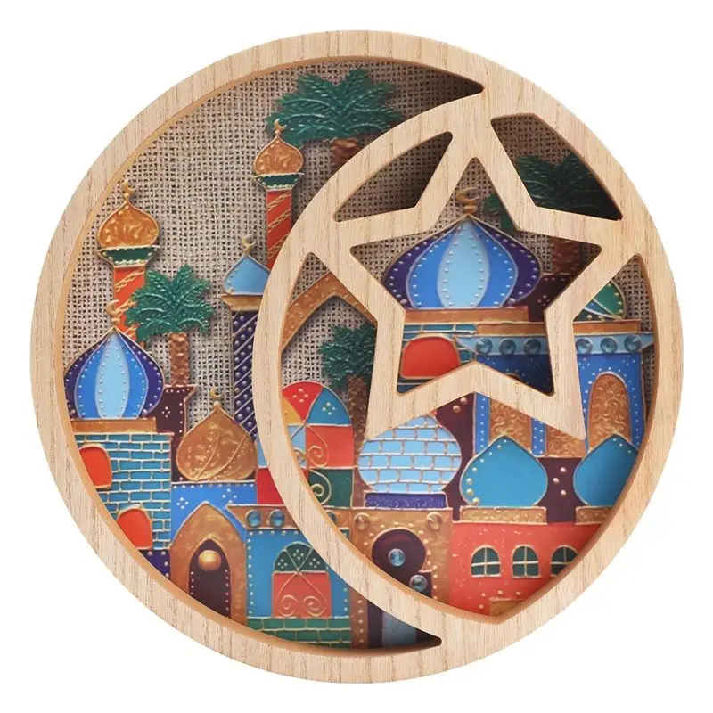 AAAF Ramadan Decorations For Home -11.6 Inch Tray Eid Mubarak Religious Painting Cupcake Food Candy Plates Wooden Decorations Du