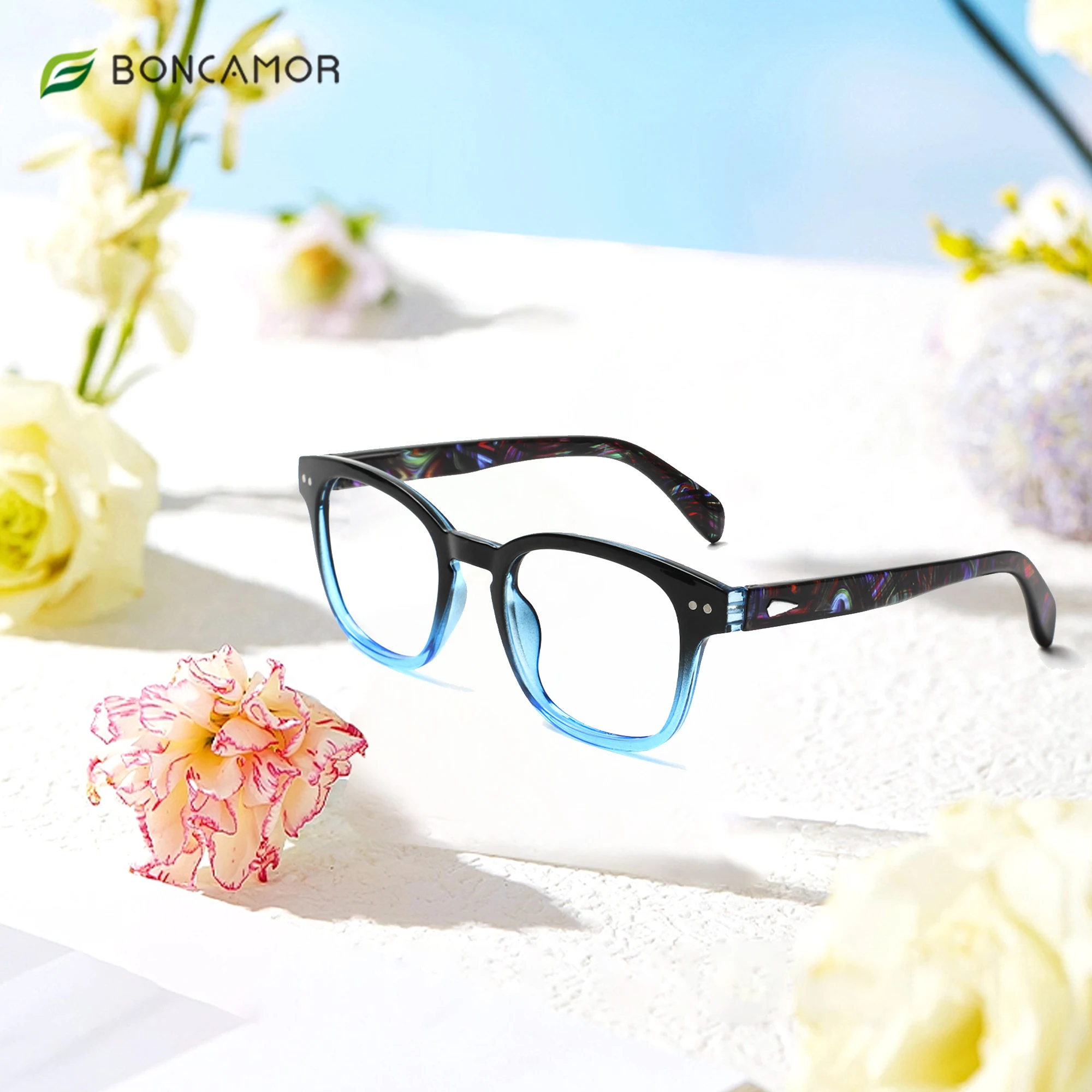 

Boncamor Reading Glasses Blue Light Blocking Prescription Glasses for Women Men Color Matching Printed Temples with Spring Hinge