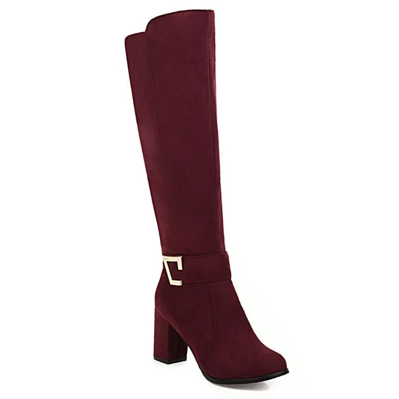 Women Knee-High Boots Retro Metal Decoration Flock Square Heel High Heels Boots Women's Winter Large Size 40-48 Designer Shoe