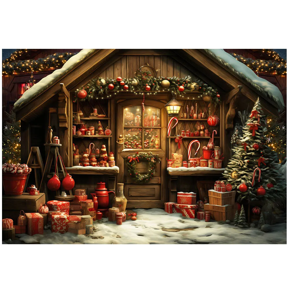 Mocsicka Wood House Snow Winter Christmas Backdrop Xmas Tree Wreath Gifts Family Portrait Photo Background Studio Photocall Prop