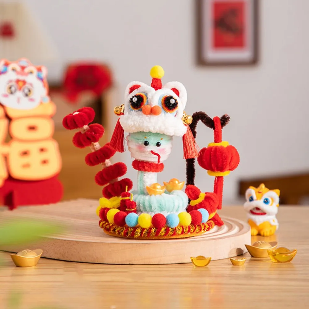 Iron Wire Strip Stick Kids DIY Lion Dance Toy Twist Wire Ethnic Handmade Plush New Year Craft Art Blessing