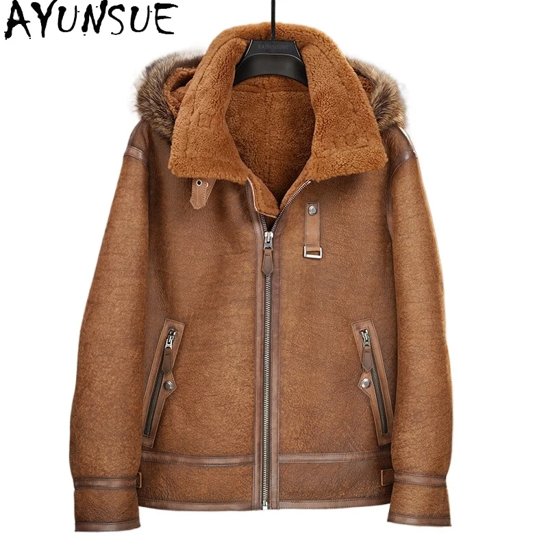 

AYUNSUE Vintage Original Sheepskin Leather Fur Jacket Men Winter Warm Natural Fur Coat Man Real Wool Coats Abrigo Piel Hombre