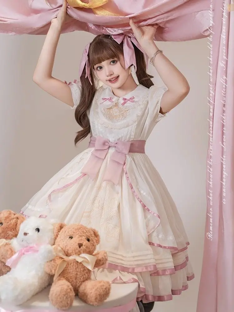 OP Lolita DOLL Short Sleeve Pompadour Dress Pink Bow Lace Bunny Print Kawaii Fairy Tale Sweet