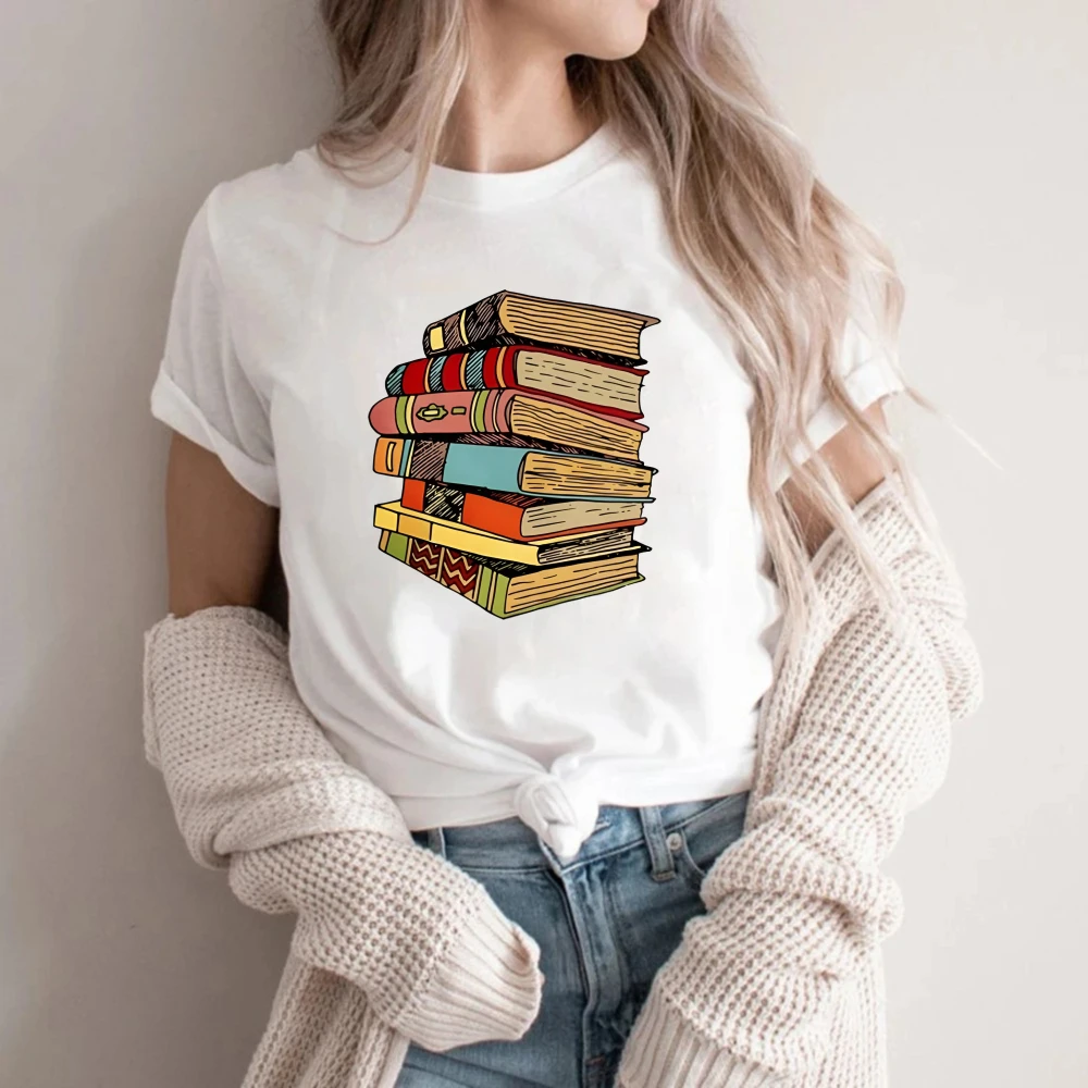 Fantasy Dragon Book Stack TShirt Retro Book Lover Print Casual Short Sleeve Tee for Women Bookworm Fantasy Fan Gift