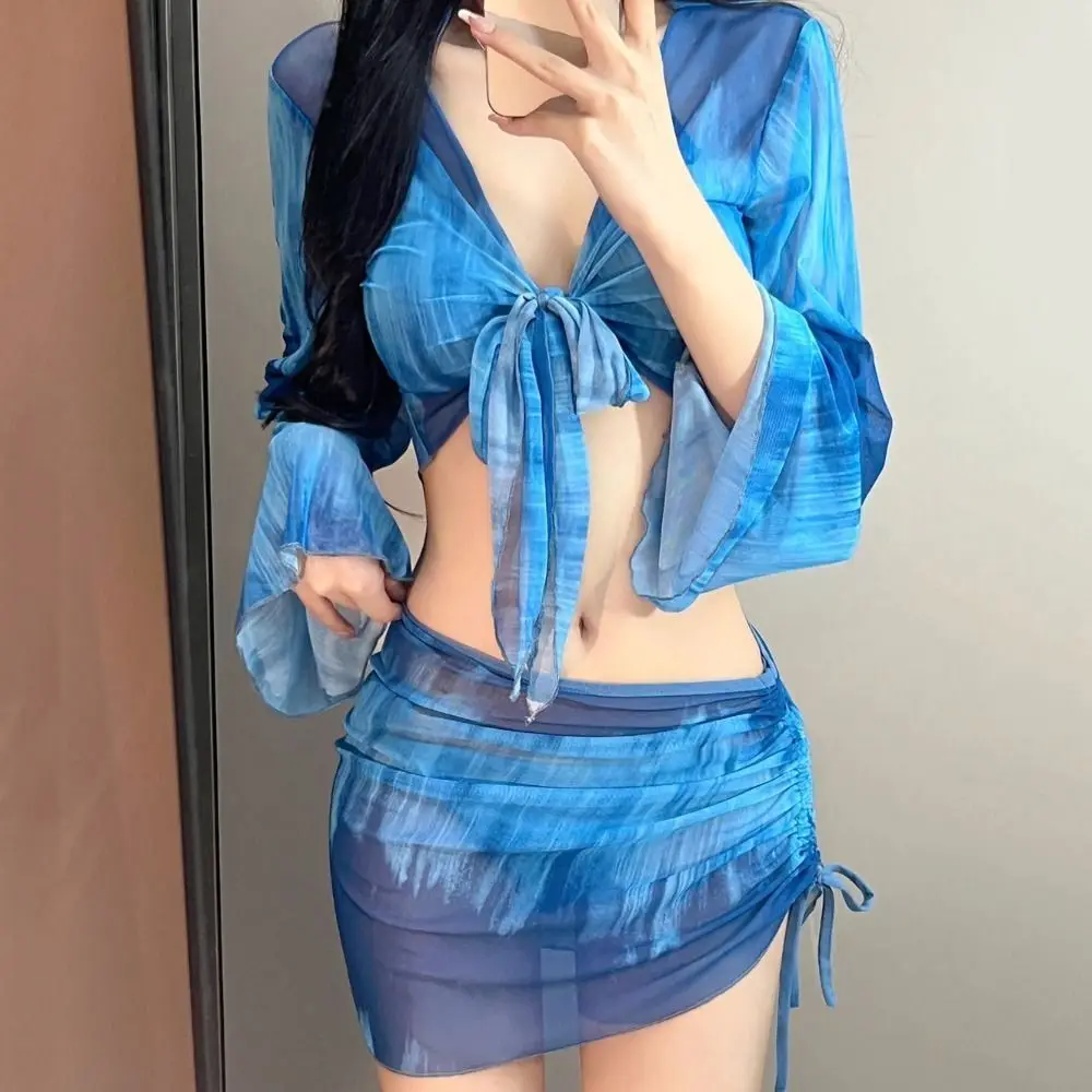 

Blue Color Tie Dye Bikini Set 4 Piece Set Mesh Long Sleeve Swimsuit Set Drawstring Mini Skirt Side Ruched Bathing Suit Beachwear