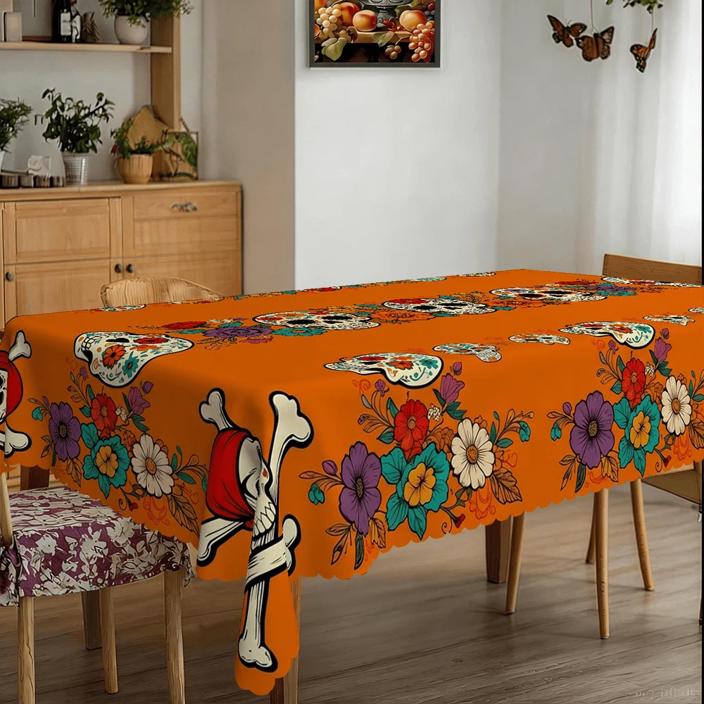 2D flat party tablecloth, 1 piece, orange background with floral sugar skulls for Halloween tableclothzyc