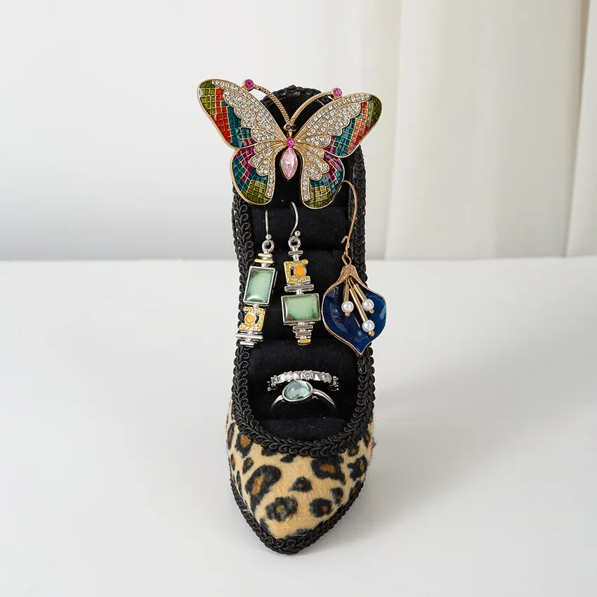 High-heeled Shoes Velvet Ring Display Storage Boxes Stand Elegant Luxury Earring Holder Display Flower Rose Jewelry Rack Display