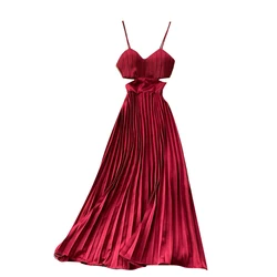 2023 New Summer Women Beach Vacation Sexy Backless Spaghetti Strap Dress Fashion Solid Color Miyake Pleated Long Dress