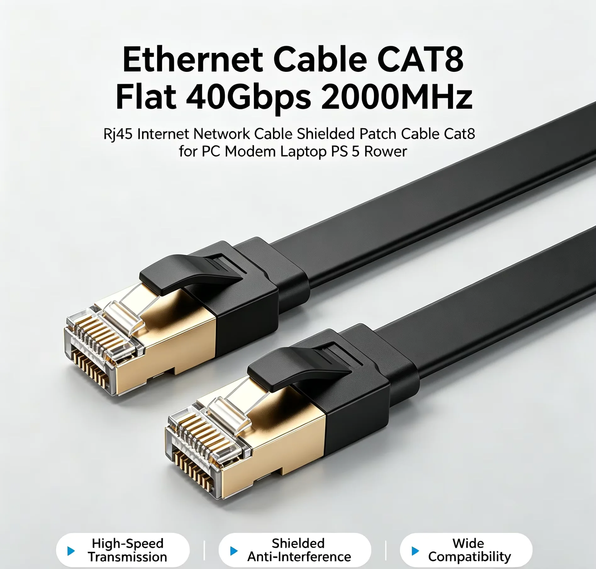 Flat CAT8 Ethernet Cable 40Gbps 2000MHz Rj45 Internet Network Cable Shielded Patch Cable Cat8 for PC Modem Laptop PS 5 Router