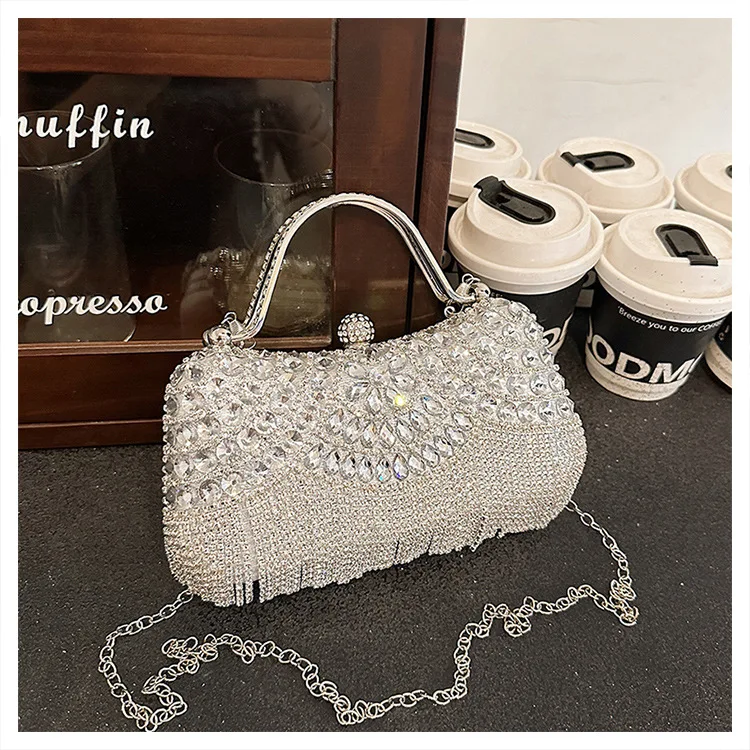 

Golden Tassel Evening Clutch Bag for Women, Rhinestone Bridal Wedding Party Purse Shining Metallic Clutch