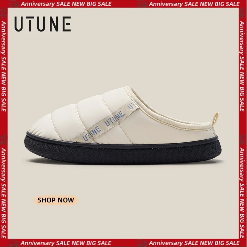 

UTUNE Men's Winter Official Website Puffy Bread Shoes Indoor Round Toe Slippers Couple Down Fabric Sports Style Cotton Slide