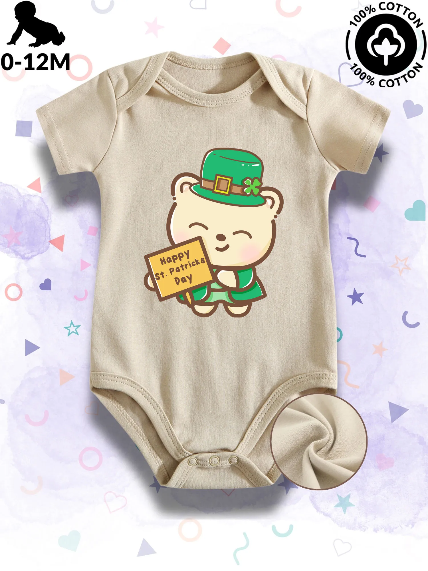 

Детский комбинезон-боди унисекс Happy St. Patrick's Day Bear, 100% хлопок, мягкий, всесезонный, бежевый, 190 г/м²