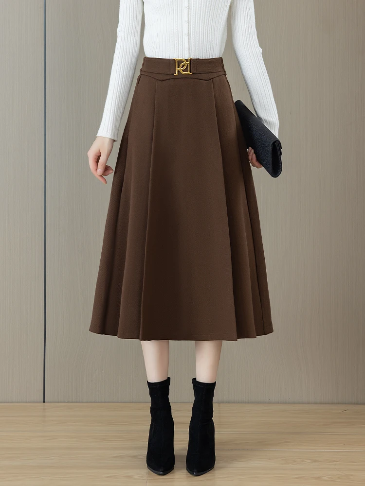 

Юбка А-силуэта с высокой талией, женская, осенне-зимняя, утолщенная, шерстяная, плиссированная, стройнящая, миди, в корейском стиле, для офиса