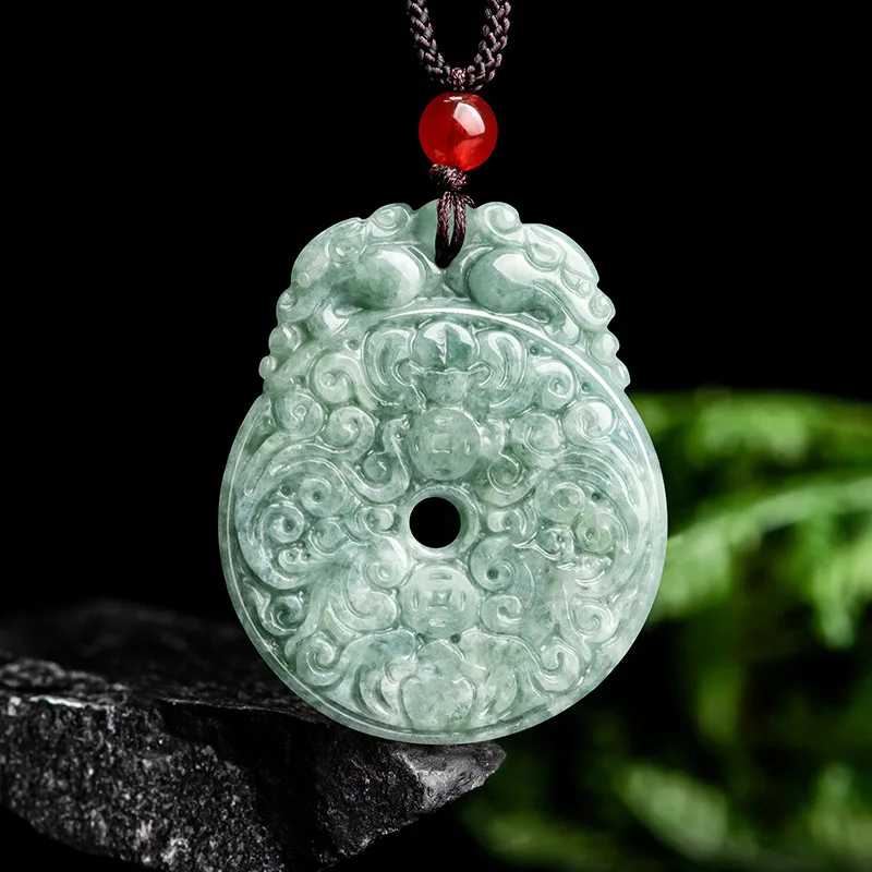 

Genuine Natural Jadeite Green Color Double Dragon Design Fortune Arrives Theme Antique Style Jade Pendant Safe-keeping Charm