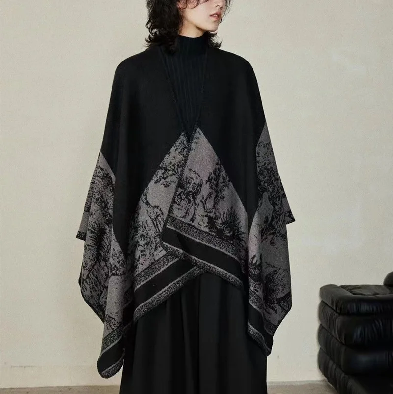 Simple Winter Women's Slit Cashmere Shawl Dark Printed Cloak Autumn Warm Men's Double Sided Ethnic Style Scarf 130*170cm