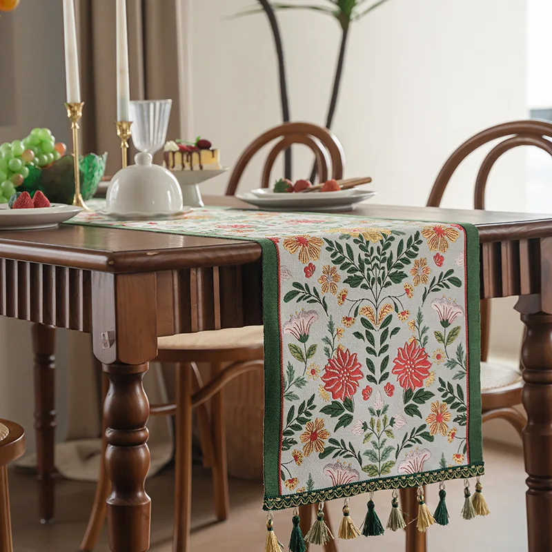 Retro Table Runner High-End Jacquard Fabric Living Room Decor Sideboard Long Tassel Table Runner Tea Flag Cover Cloth