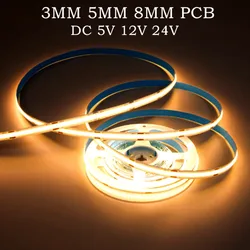 Ultra Thin 5V 12V 24V COB LED Strip 320LEDs/M 400LEDs/M Dimmable 3MM 5MM 8MM High Density Flexible Light For Home Bedroom Decor