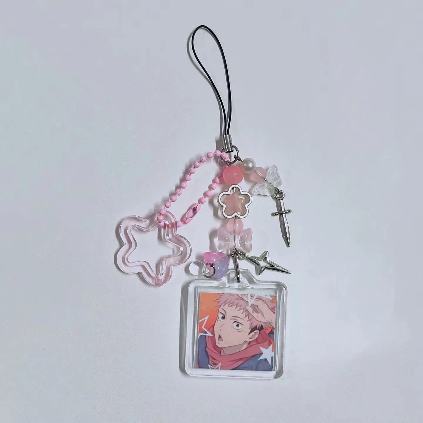 Y2K Handgefertigtes Perlen-Handyband Nanami Kento Choso Fushiguro Toji Quadratischer Acryl-Anhänger Schmetterling Stern Perlen Anime-Fan-Geschenke – Detail 3