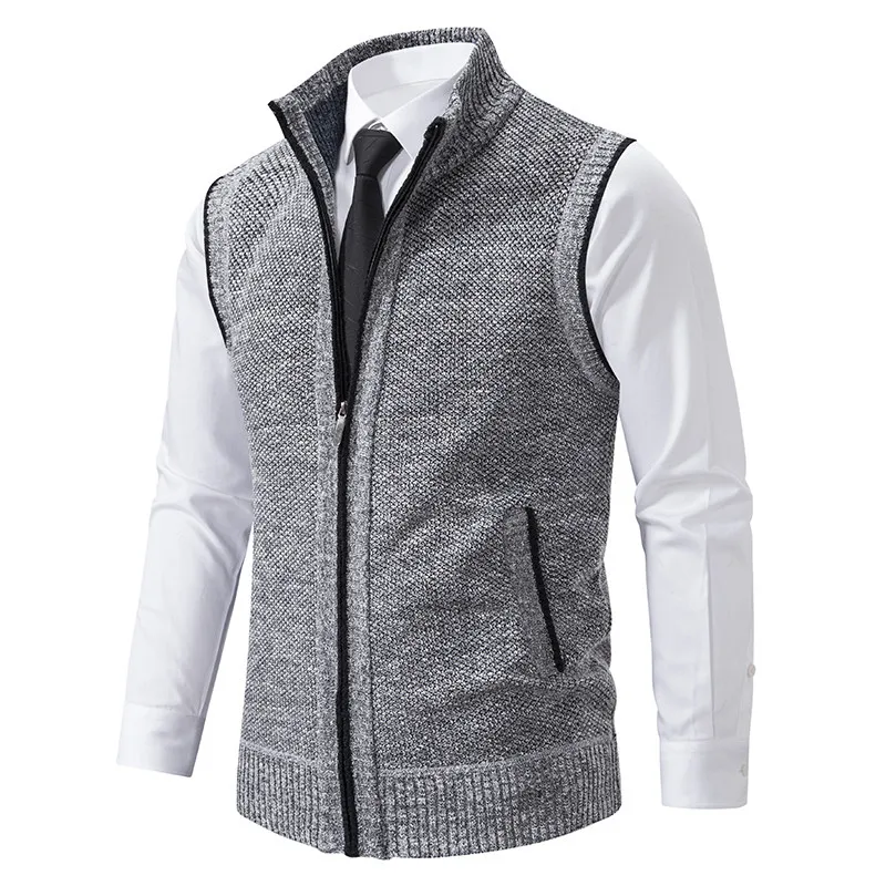 Stand Collar Sweater Vest Men Thick Warm Sleeveless Cardigan Coat Autumn Winter Knitted Vests Outerwear Zipper Vest Jacket Men