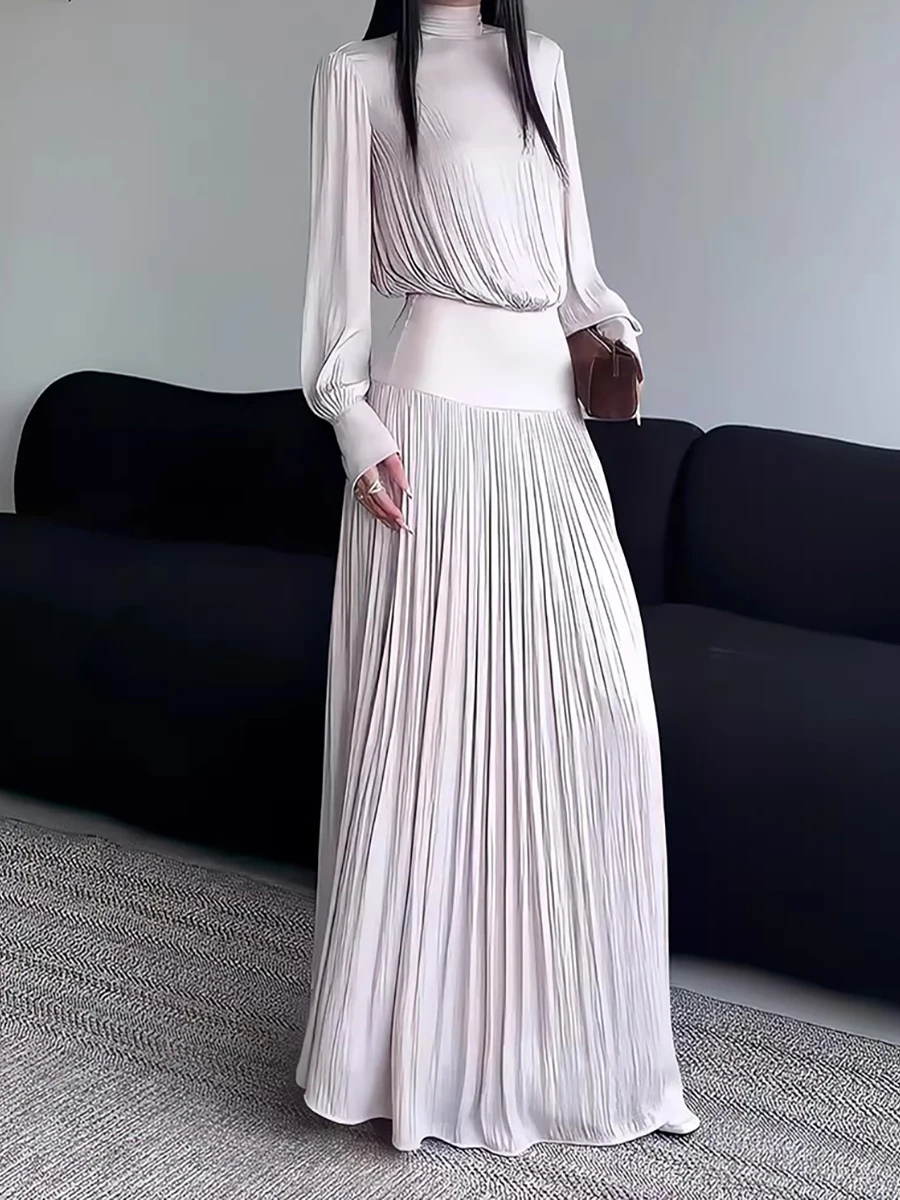 

Retro Silk Satin Pleated Knot Belted Long Dress Women's Autumn New High Collar Slim Fit Dress Elegant Lady Style